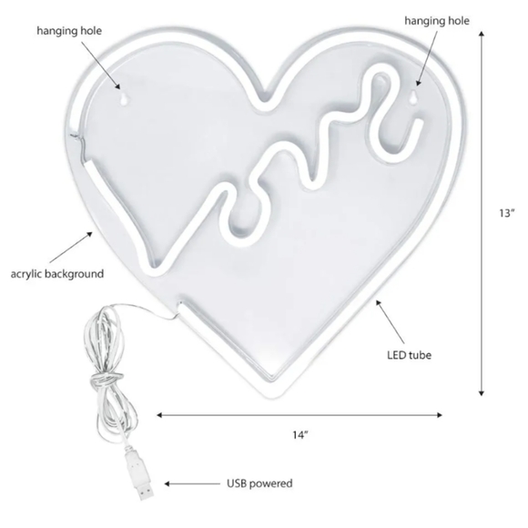 14" x 14" inch LED Neon Red “Love” Heart Wall Sign - Valentine's Day Decor - Picture 2 of 2